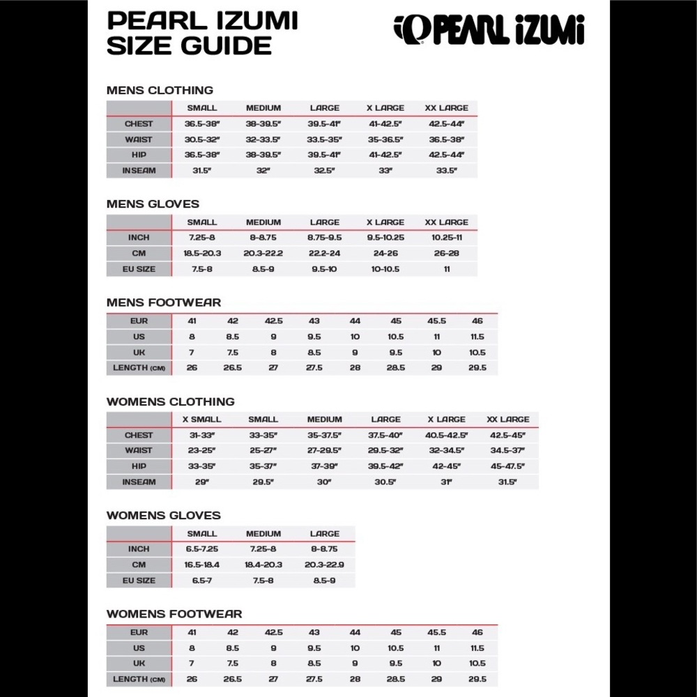 PEARL iZUMi SIZE GUIDE (see other chart for shoes)